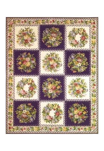 Purple & White Geometric Floral Needlepoint Area Rug (10' 1" x 12' 1")