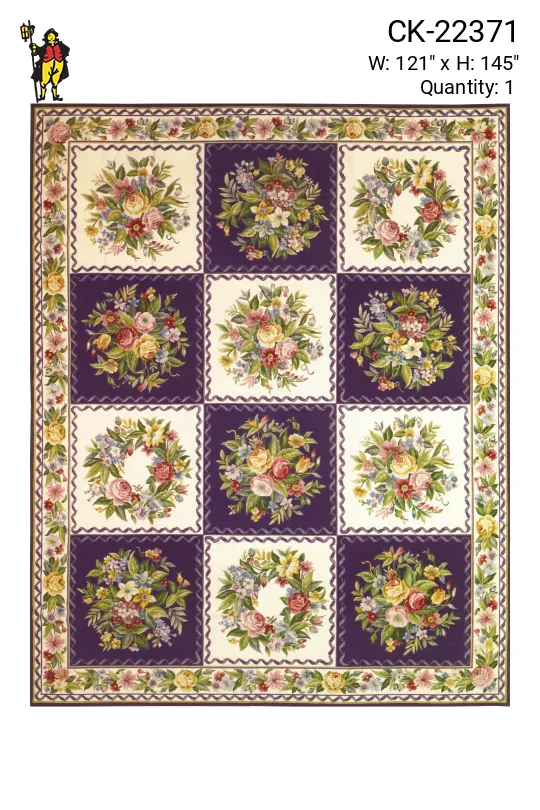 Purple & White Geometric Floral Needlepoint Area Rug (10' 1" x 12' 1")