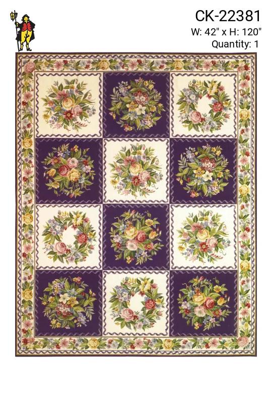 Purple & White Geometric Floral Needlepoint Runner (3' 6" x 10')