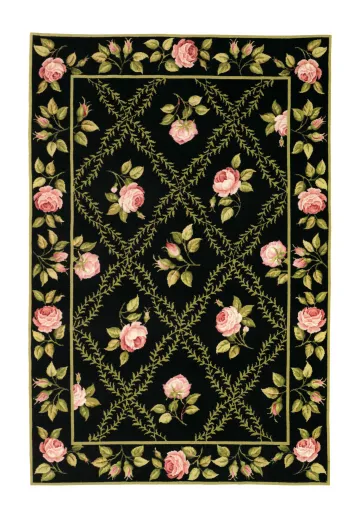 Black Floral Traditional Needlepoint Area Rug (6' x 9')