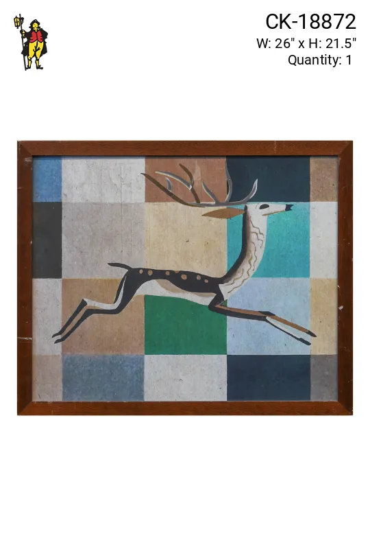 Wooden Framed Cleared Mid Century Modern Abstract Deer Print