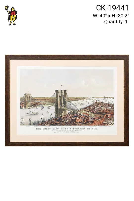 Wooden Framed Cleared Brooklyn Bridge Lithograph