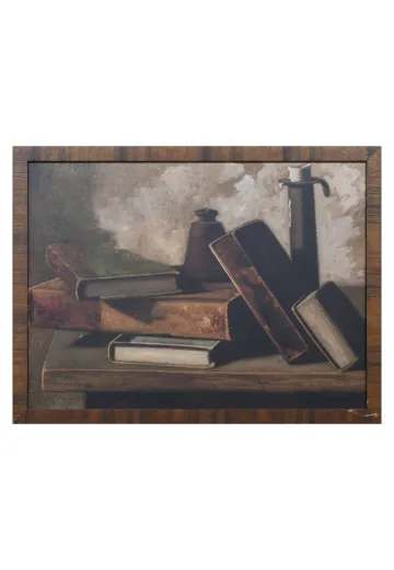 Wooden Framed Cleared Still Life w/Books, Inkpot, & Candlestick