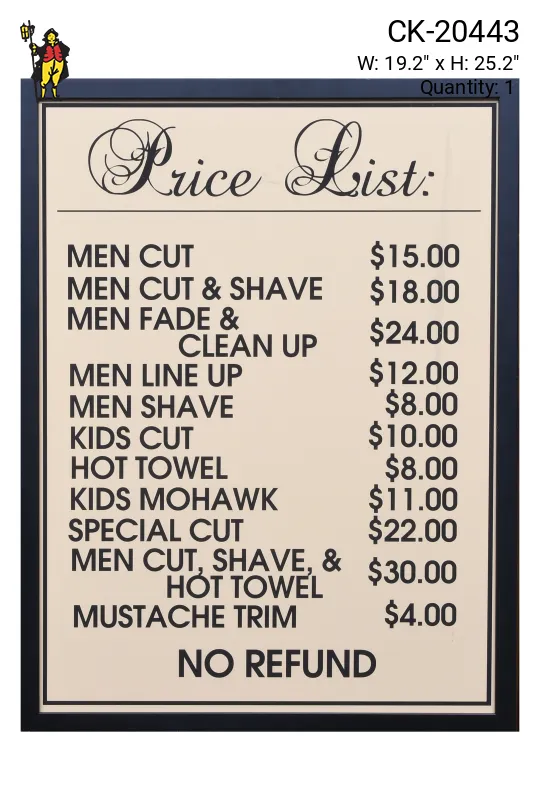 Framed Cleared Barbershop Price List