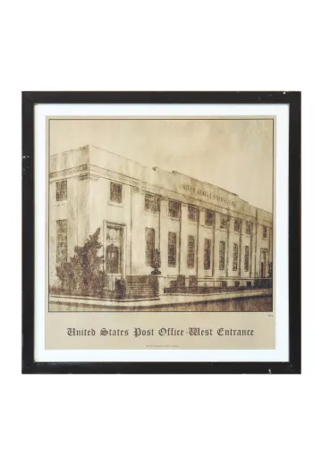 Framed Cleared Architectural Illustration of Post Office Building