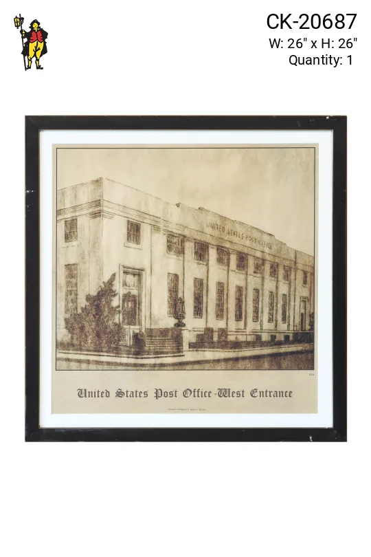 Framed Cleared Architectural Illustration of Post Office Building