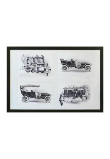 Framed Cleared Industrial Illustration of Antique Automobiles