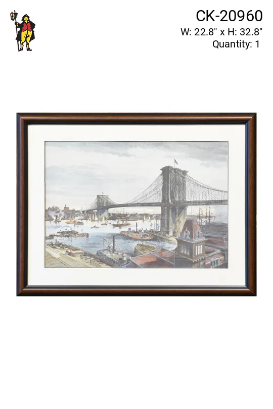 Framed Cleared Hand Colored Lithograph of Brooklyn Bridge
