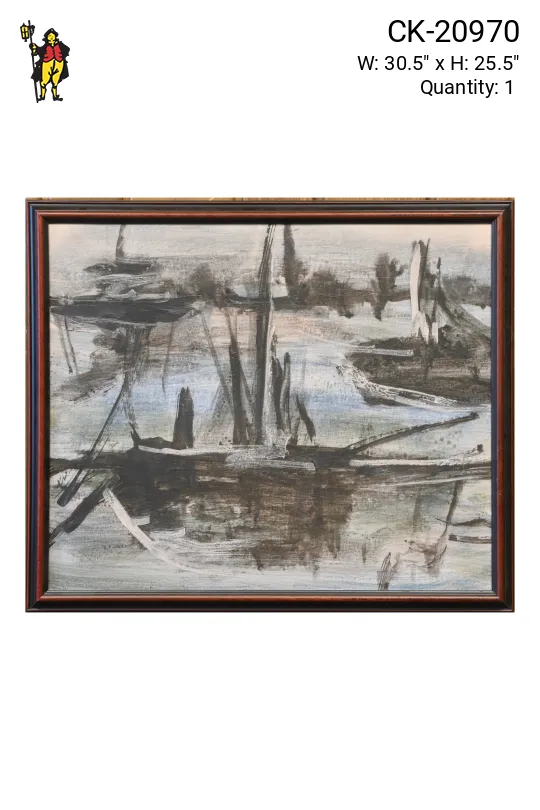 Framed Cleared Mid Century Harbor Scene Painting - 1