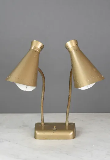 Two Light Gooseneck Pierced Brass Desk Lamp