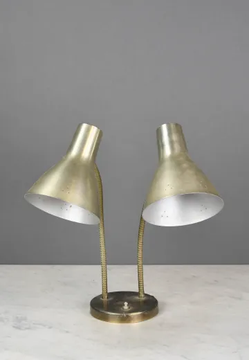 Two Light Gooseneck Pierced Brass Desk Lamp