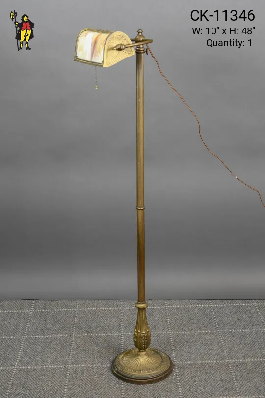 Brass Column Slag Glass Shaded Reading Floor Lamp
