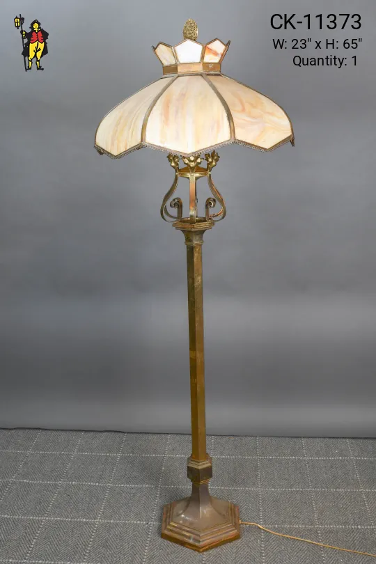 Slag Glass Shaded Standing Brass Floor Lamp (One Shade Panel Repaired)