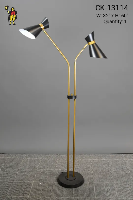 Mid Century Modern Black & Brass Two Light Directional Floor Lamp