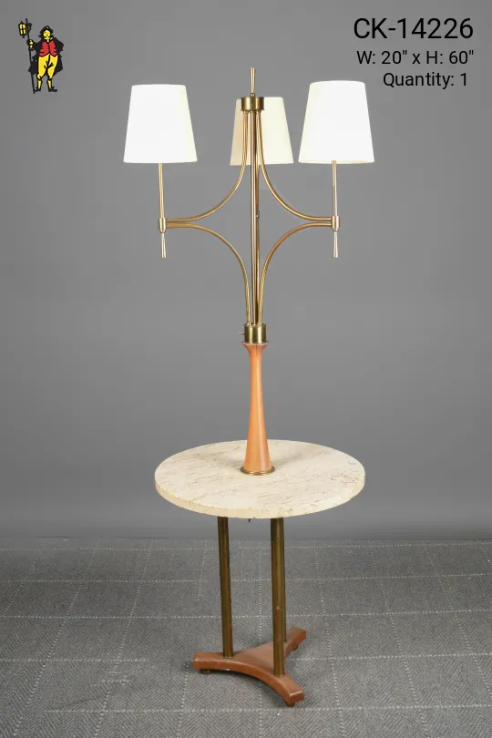 Mid Century Wooden & Brass Three Light Floor Lamp w/Marble Finished Table