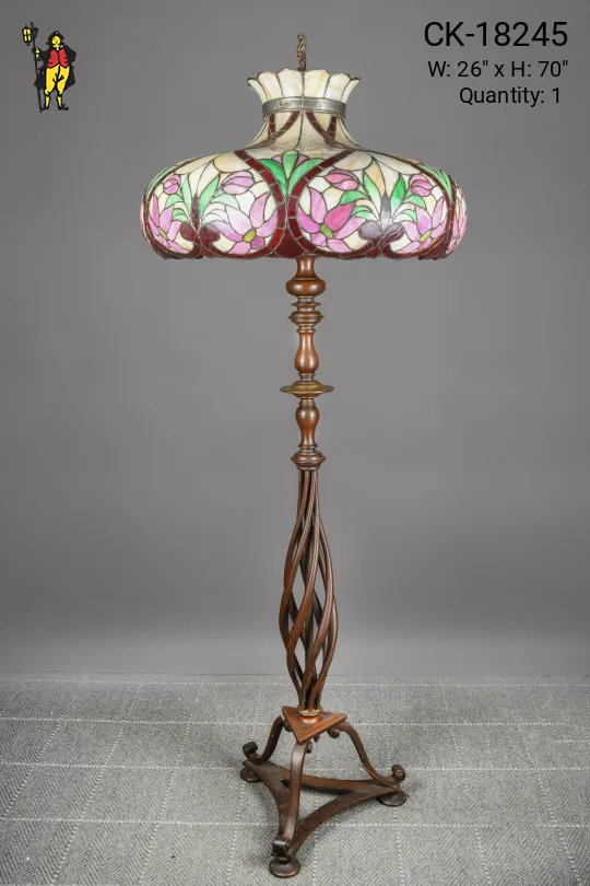 Bronze "Swirl" Floor Lamp w/Oversize Floral Art Glass Shade