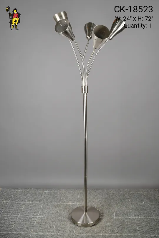 Nickel Five Light Gooseneck Floor Lamp w/Pierced Metal Reflectors