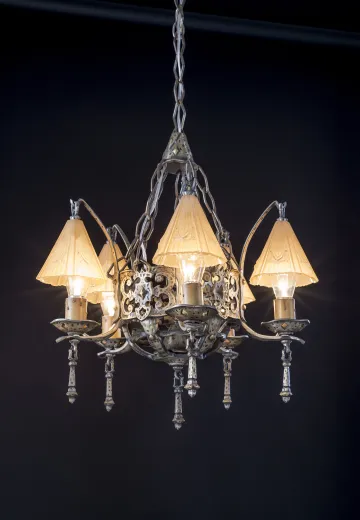 Pewter Arts & Crafts Chandelier w/Amber Glass Reflector Shades