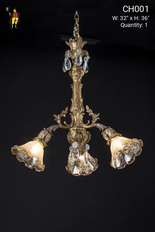 Deco Three Light Brass Chandelier