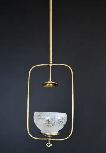 Square Brass Hanging Electrified Oil Light w/Etched Glass Shade