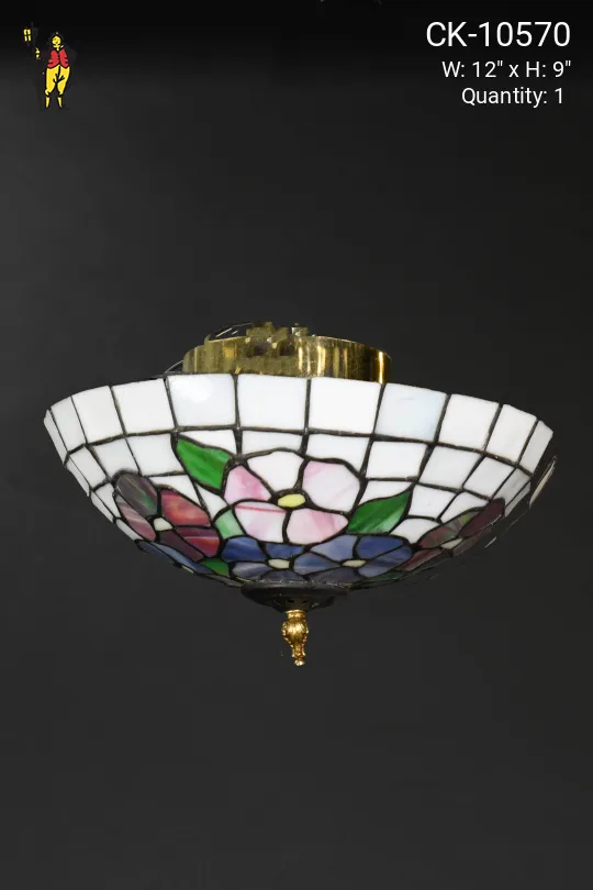 White Floral Art Glass Flushmount Fixture