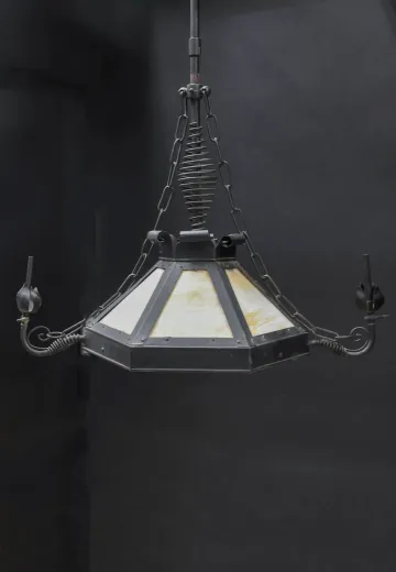 Wrought Iron & Art Glass Gothic Hanging Fixture