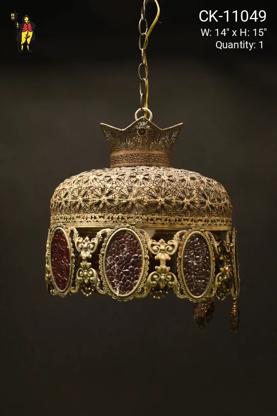 Pierced Brass & Red Glass Hanging Pendant