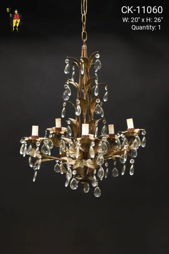 Wrought Iron Five Light Chandelier w/Crystal Drops