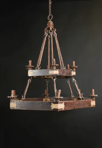 Twelve Light Two Tiered Wooden Chandelier