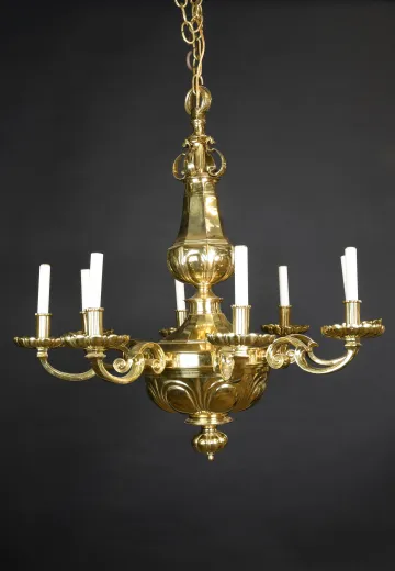 Eight Light Brass Deco Chandelier
