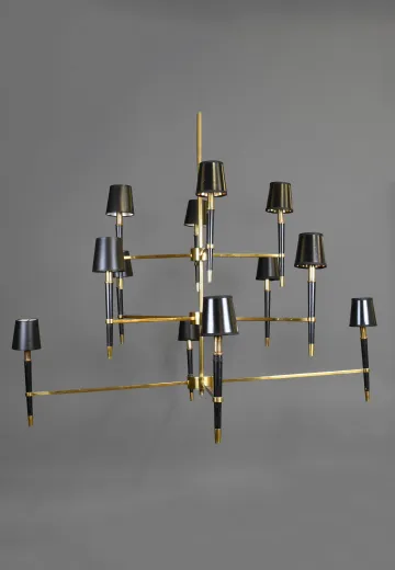 Black & Brass Mid Century-Modern Twelve Light Chandelier