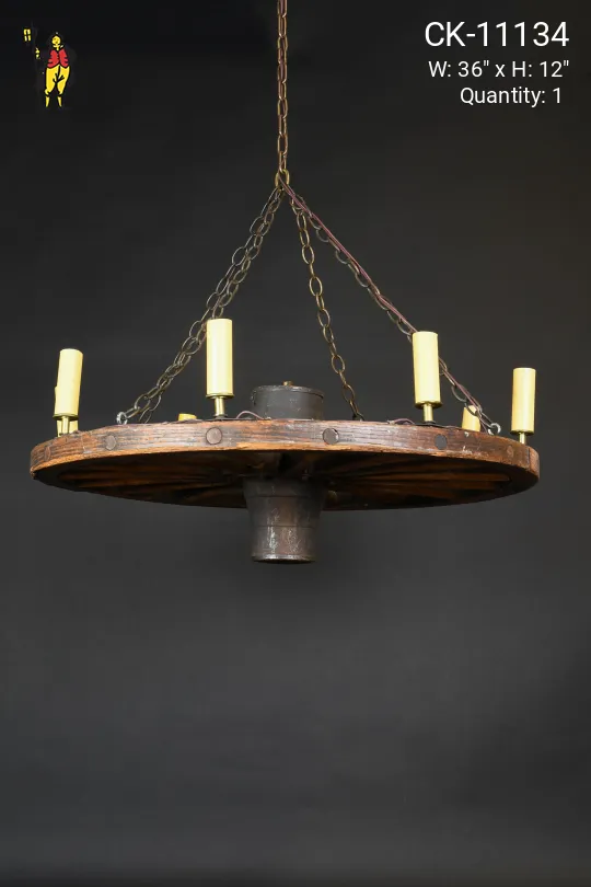 Eight Light Wooden Wagon Wheel Style Chandelier