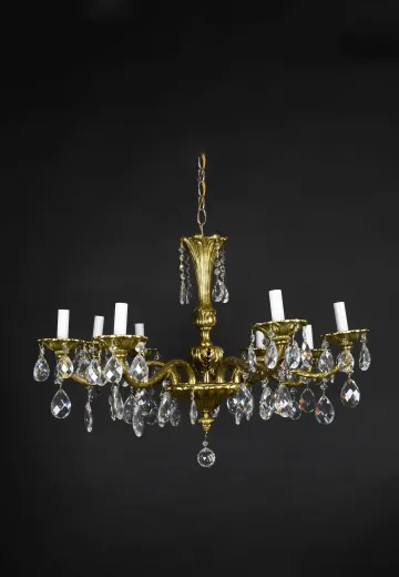 Eight Light Brass & Crystal Chandelier