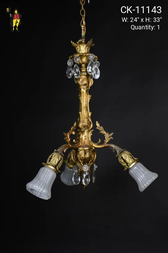 Art Deco Brass & Crystal Three Light Hanging Pendant