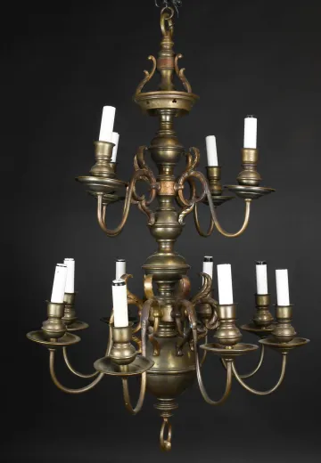 Two Tiered Twelve Light Brass Chandelier