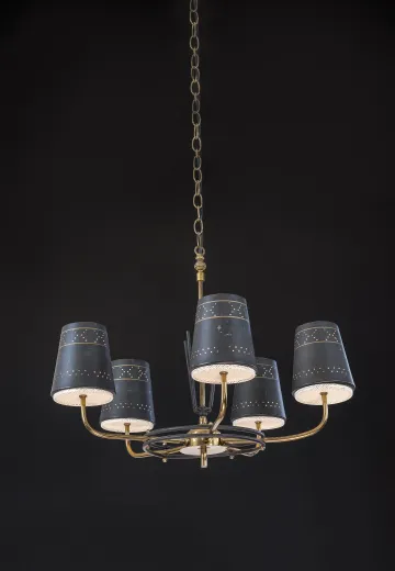 Five Light Brass & Black Chandelier