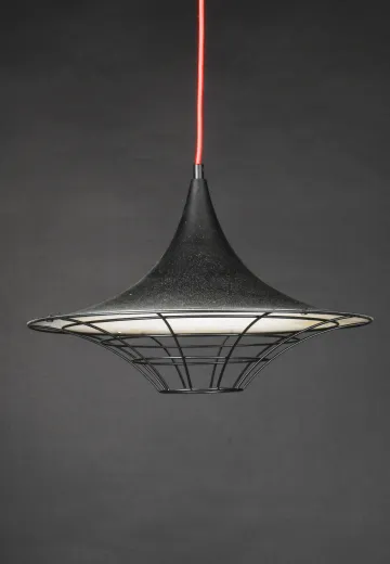 18" Black "Flying Saucer" RLM Pendant w/Black Cage & Red Wire