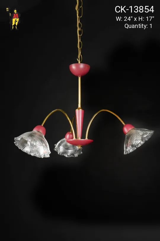 Three Light Glass Shaded Pink Chandelier