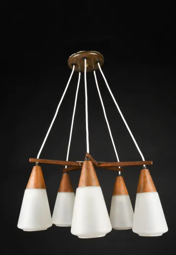 Wood & Glass Mid Century Five Light Hanging Fixture