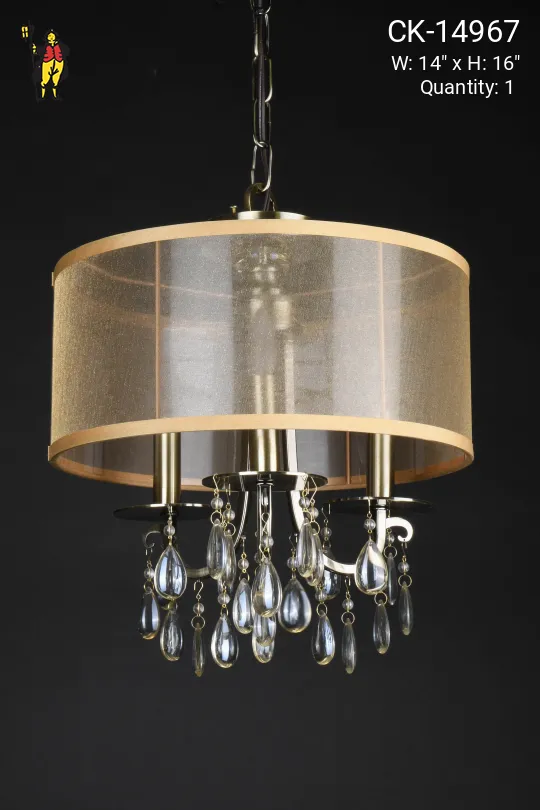 Three Light Fabric Shaded Chandelier w/Crystal Drops