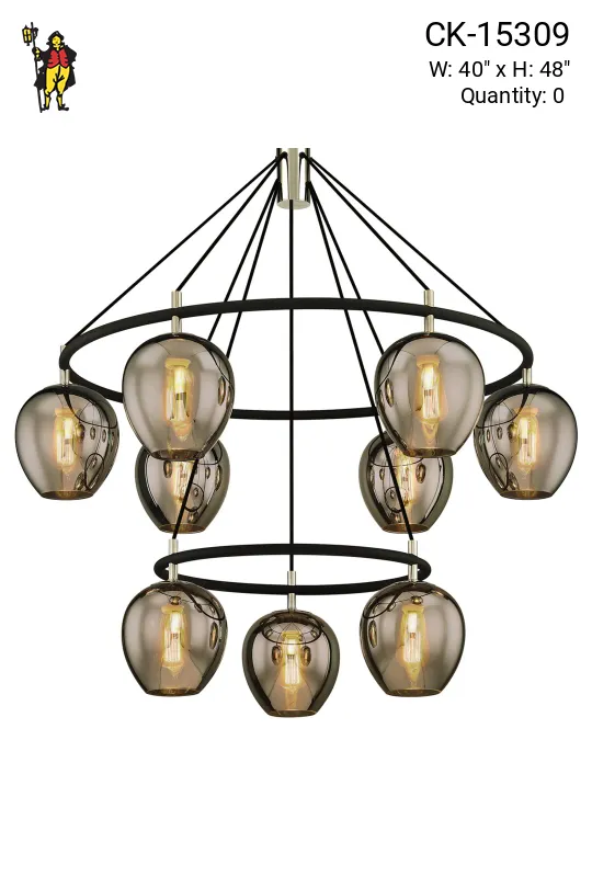 Black Nine Light Modern Chandelier w/Smoke Glass Shades