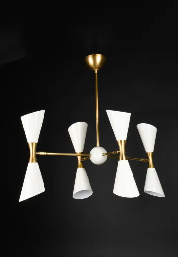 White & Brass Eight Light Up-Down Directional Adjustable Hanging Fixture