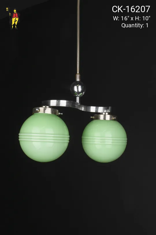 Polished Nickel Two Light Pendant w/Green Glass Globes
