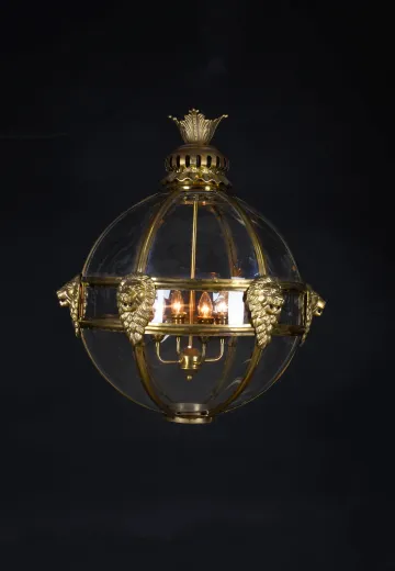 Brass & Glass Hanging Globe w/Brass Lion Busts