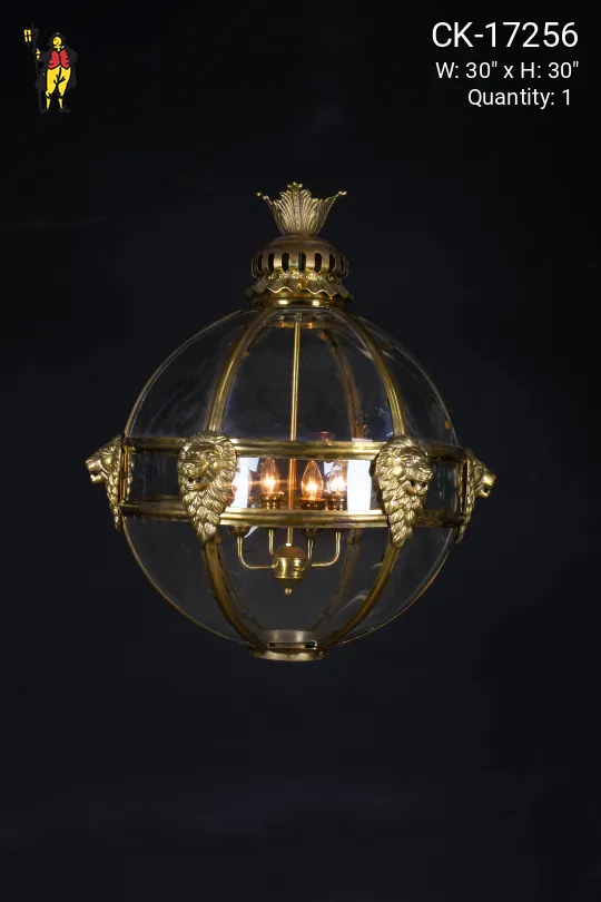 Brass & Glass Hanging Globe w/Brass Lion Busts