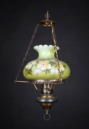 Green Floral Shaded Antique Brass Victorian Hanging Pendant