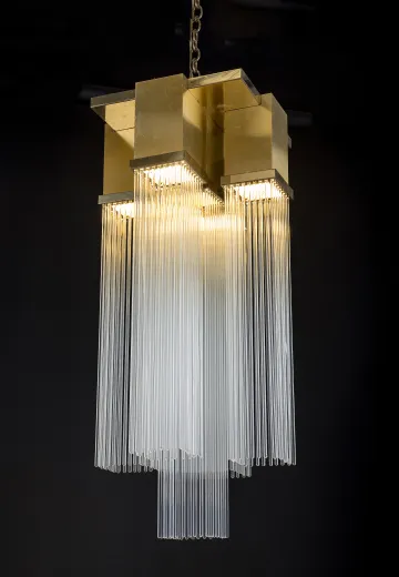 Tall Brass & Glass Rod Chandelier