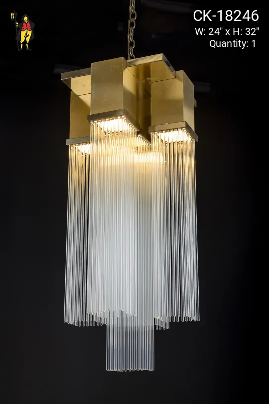 Tall Brass & Glass Rod Chandelier
