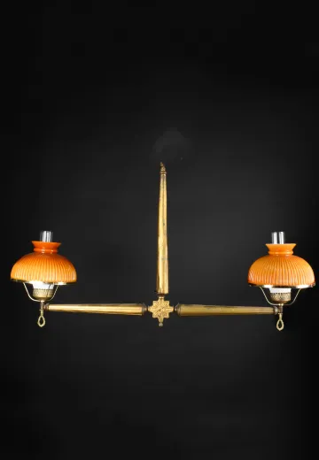 46" Brass Two Light Linear Faux Gaslight Electrified Hanging Fixture (Available w/Amber or Green Student Shades)