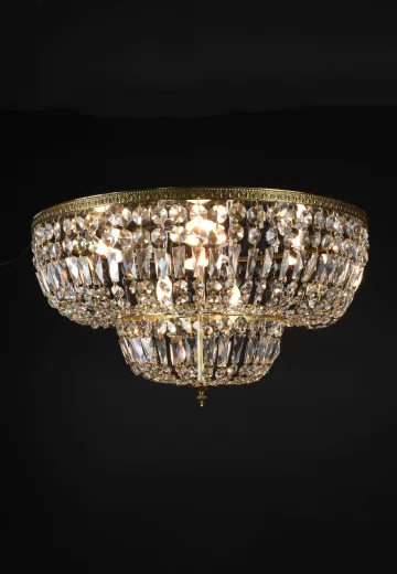 30" Brass & Crystal Two Tiered Basket Flush Mount Fixture